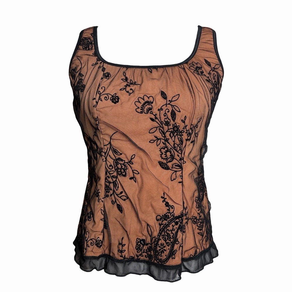 Vintage Y2K Brown Black Floral Lace Mesh Top Petite S/L Whimsigoth Fairy JTB - Picture 2 of 11
